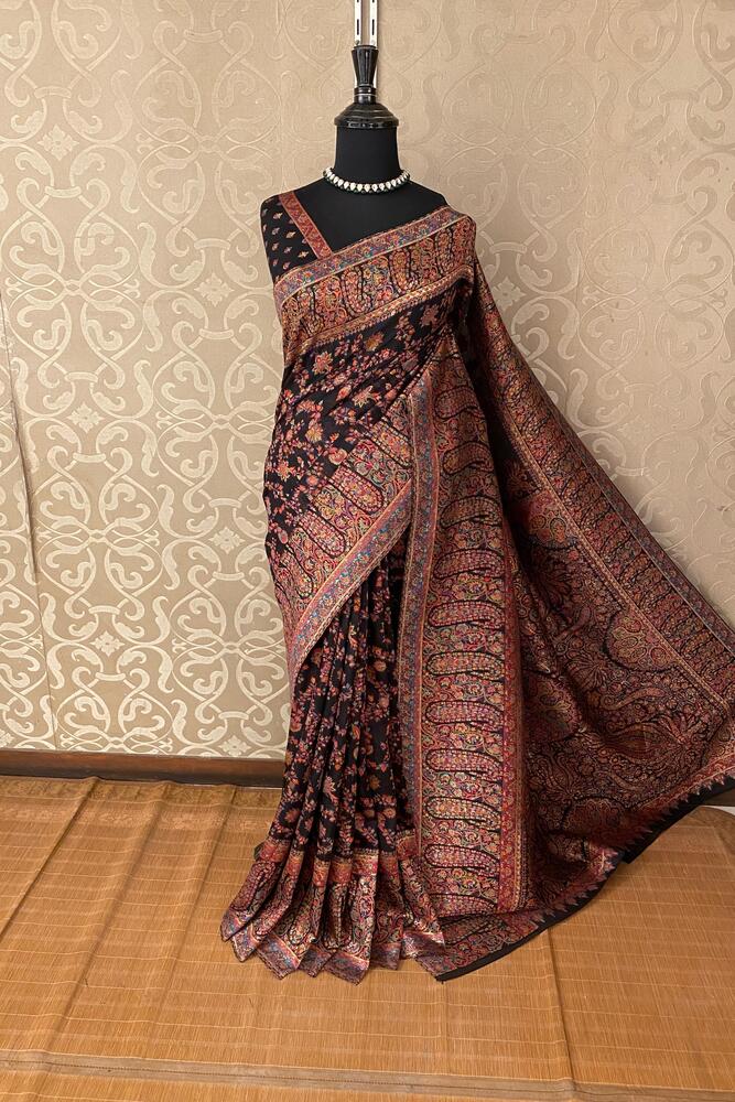 Black Pure Kani Handloom Silk Saree With Floral Woven Blouse