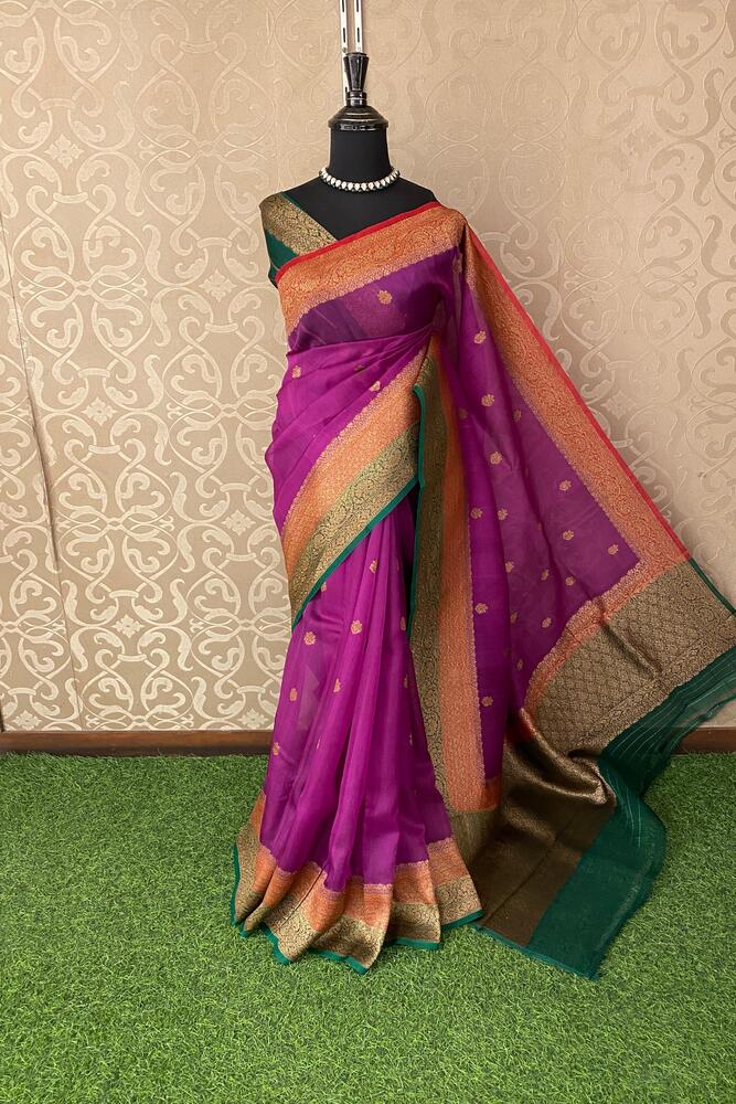 Purple Kora Banarasi Silk Saree With Hand Weaving Work, With Unstiched Blouse