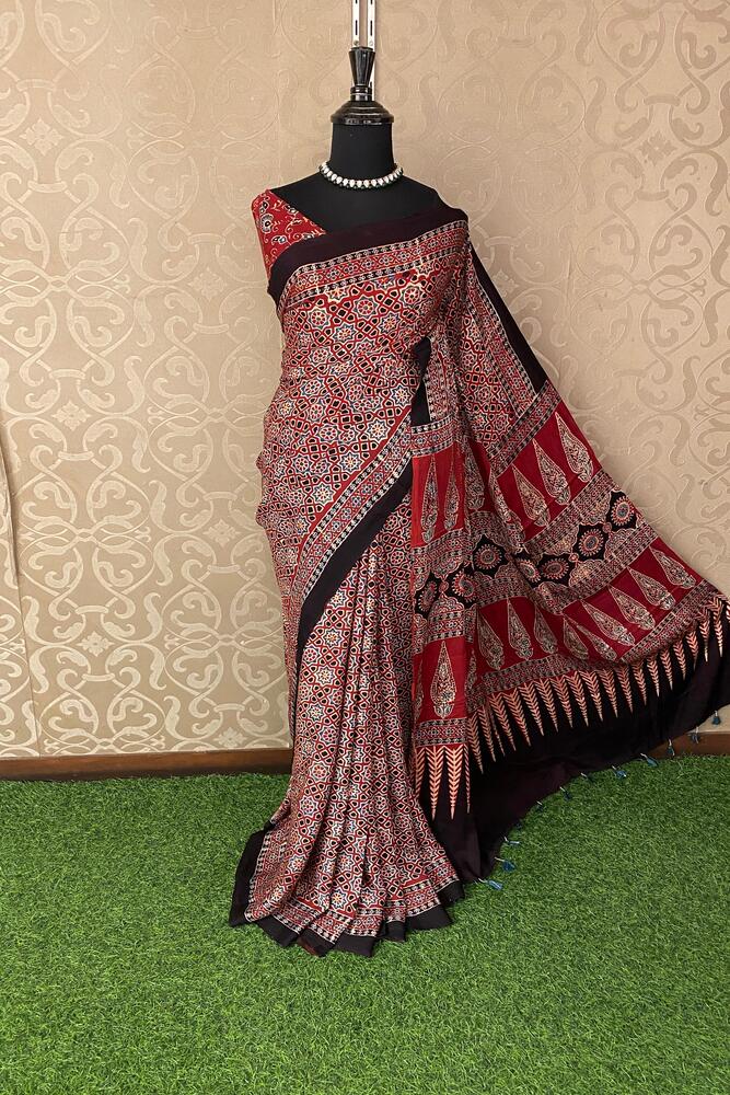 Maroon Pure Modal Silk Ajrakh Printed Saree With Unstiched Blouse