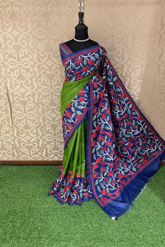 Light green Tussar embroidery saree with Kantha work border and unstitched blouse, traditional wear by Saarang Sarees