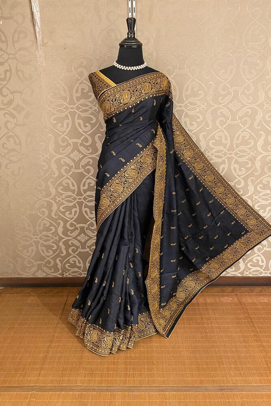Black Tussar Embroidery Saree With Kashmiri Work Border, With Unstiched Blouse