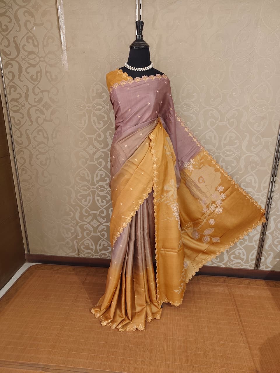 Mauve Pink and Mustard Yellow Tussar Applique Work Saree, With Unstiched Blouse