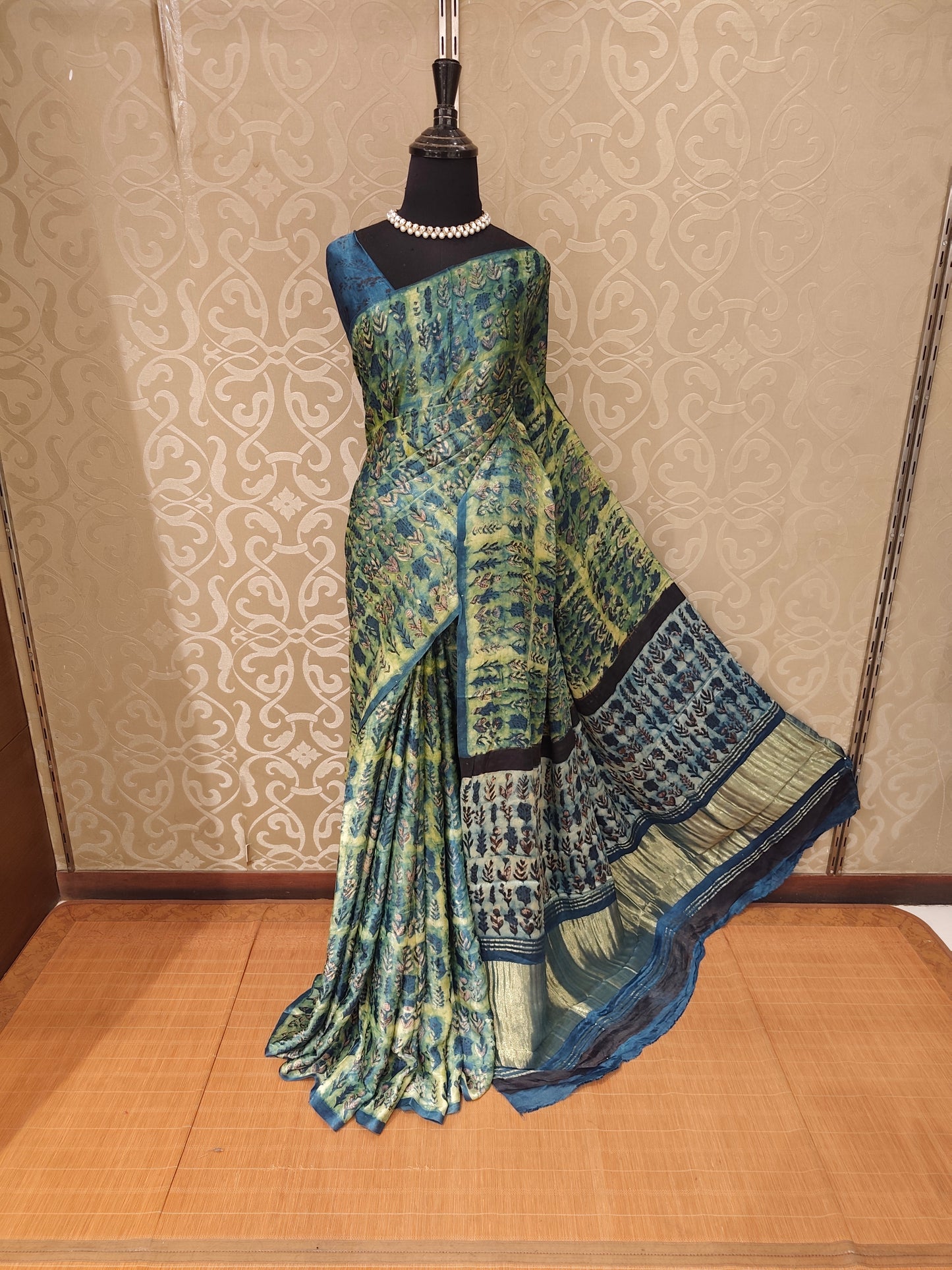 Yellow & Blue Pure Modal Silk Ajrakh Printed Saree With Unstich Blouse