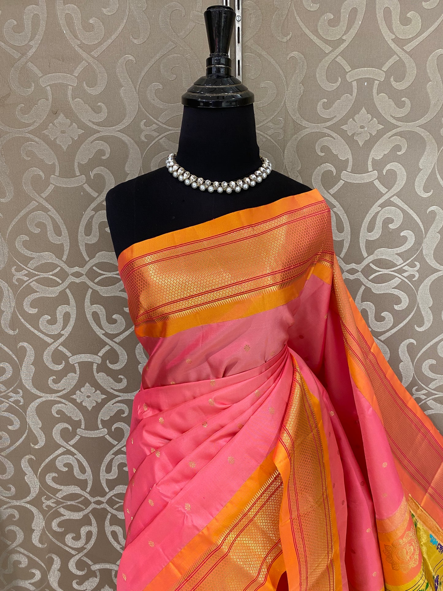 Pink & Yellow Paithani Silk Saree, Multi Colour Weaving, With Unstiched Blouse