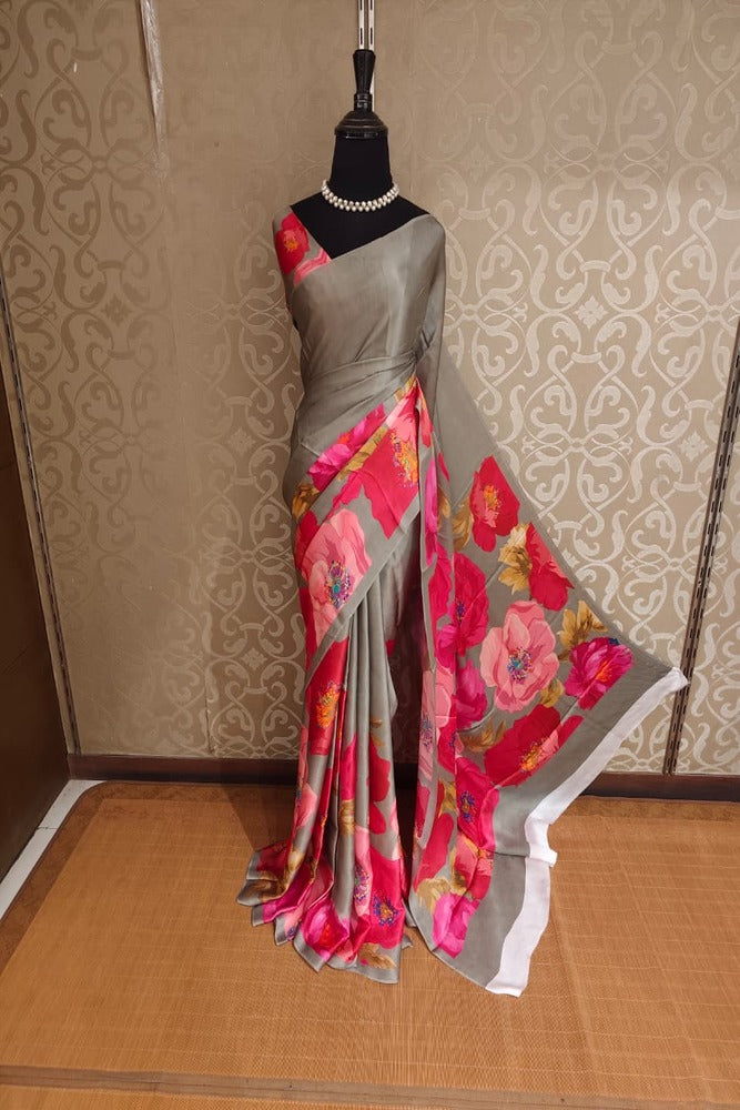 Grey & Multi Floral Printed Satin Crepe Saree, With Unstiched Blouse