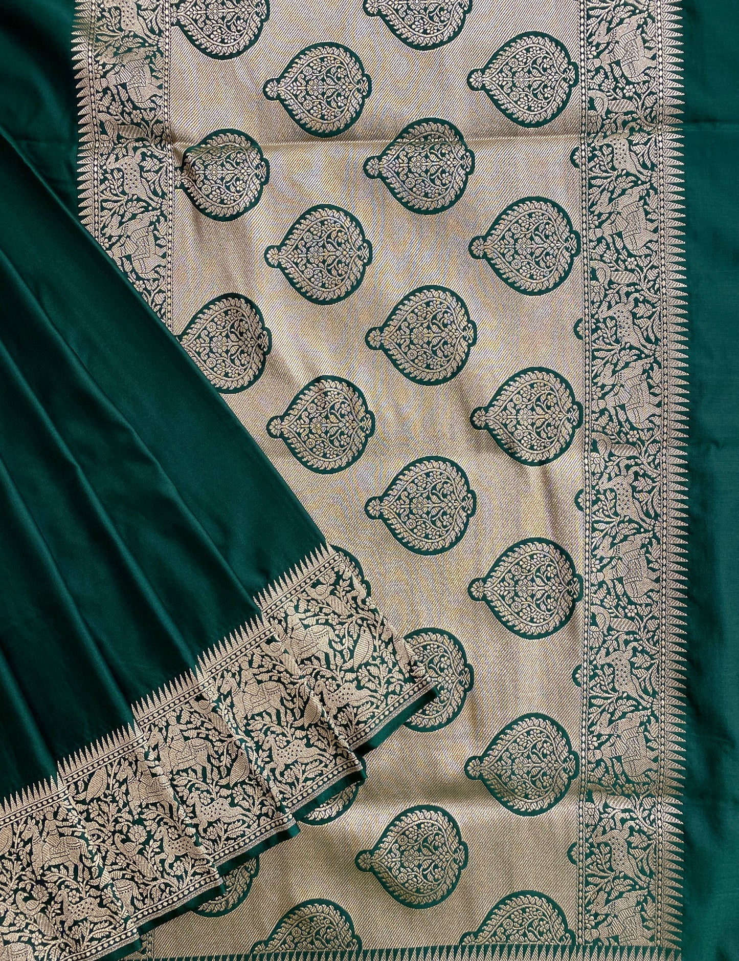 Bottle Green Semi Mashru Katan Silk Saree, With Unstiched Blouse