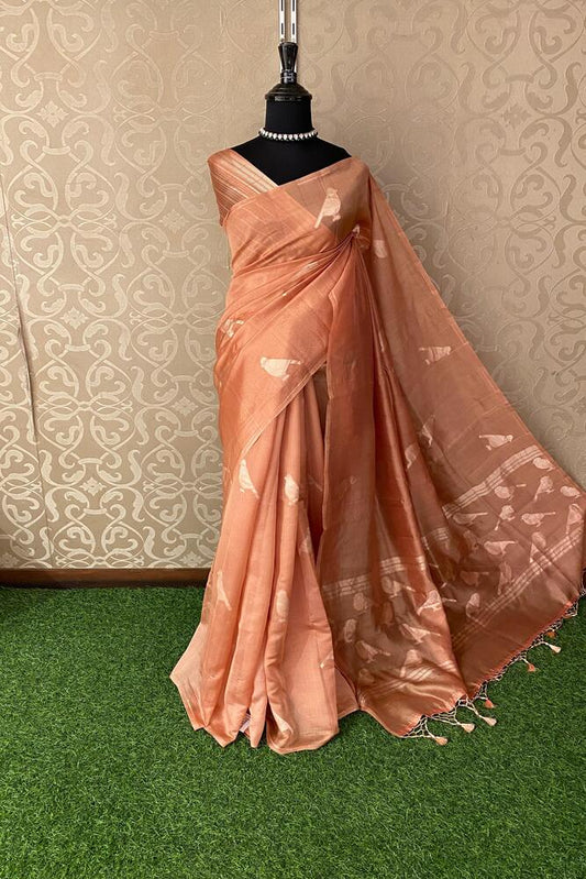 Peach Soft Katan Silk Saree, With Unstich Blouse
