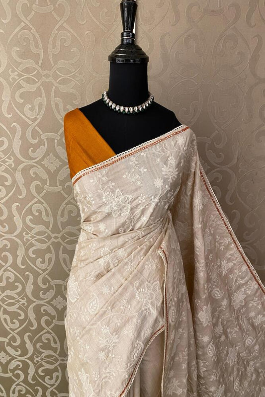 Off-White Tussar Thread Work Saree, With Unstiched Blouse