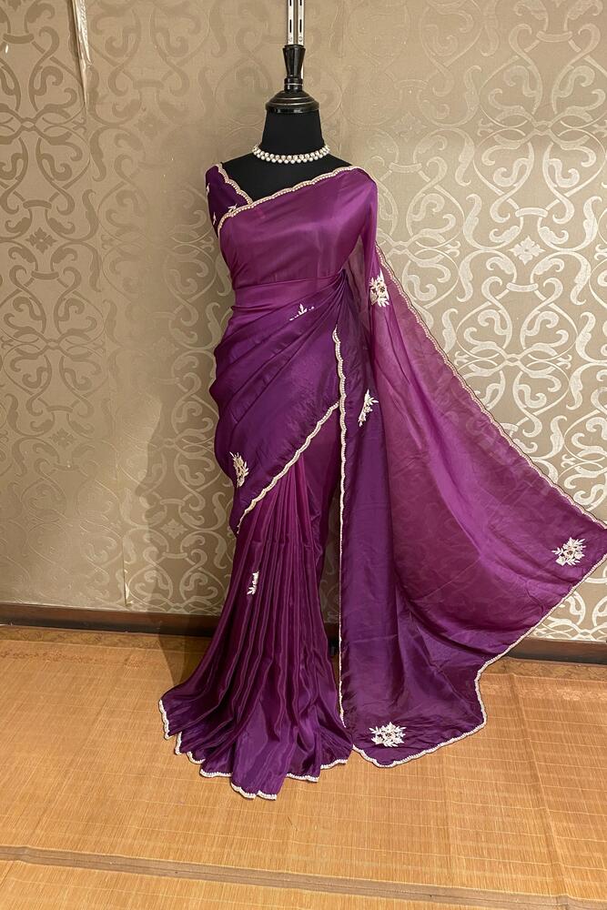 Purple soft organza silk saree with embroidery, party wear style by Saarang Sarees, shown with unstiched blouse.