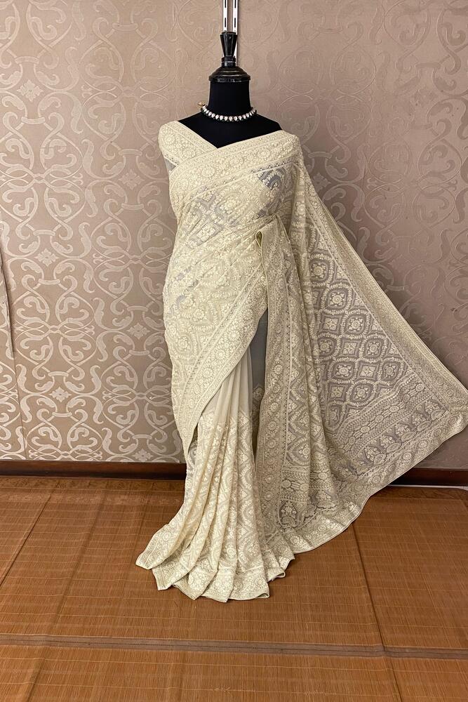 Off-White Georgette Chikankari Saree, With Unstiched Blouse