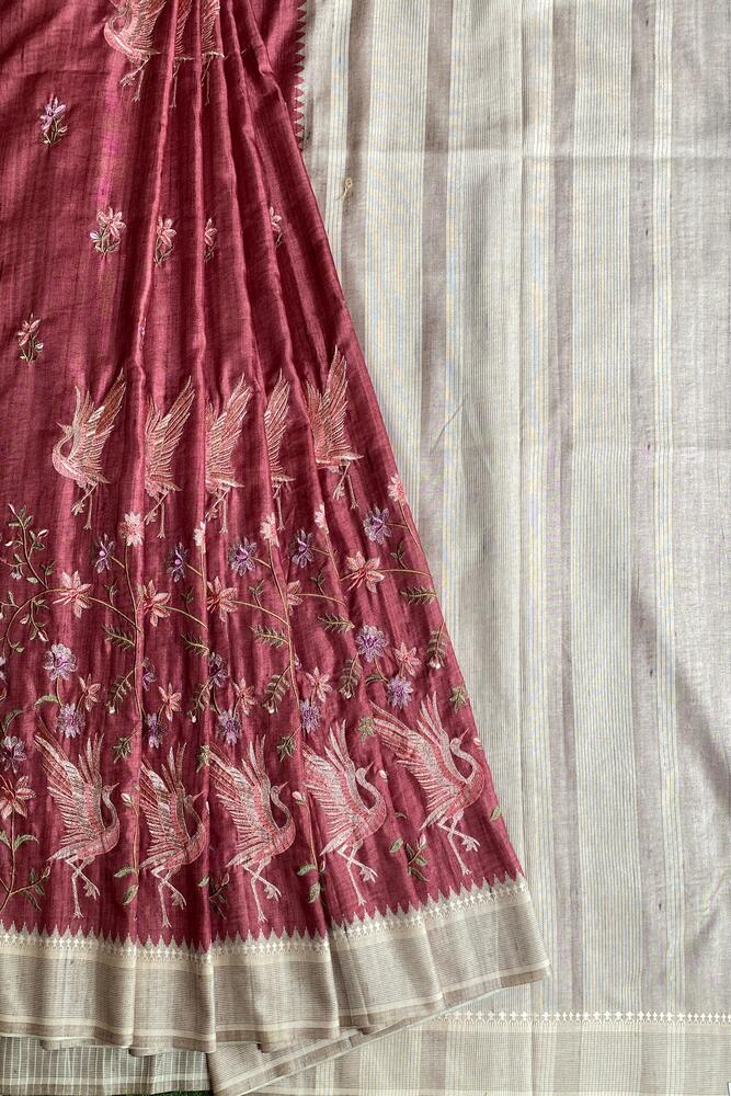 Deep Pink Tussar Cotton Resham Work Saree, With Unstiched Blouse