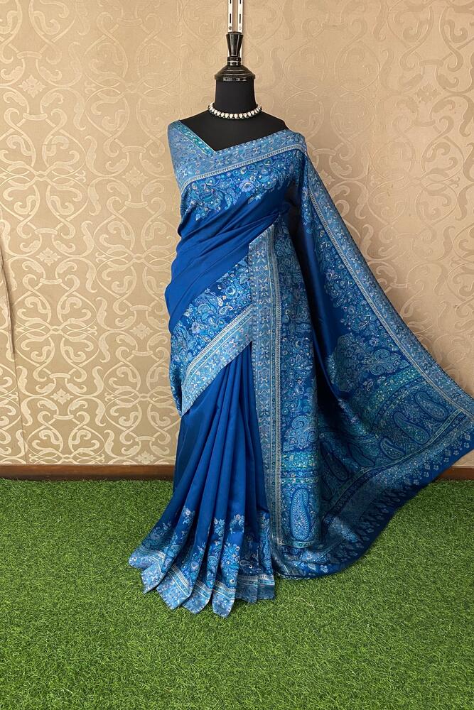 Royal Blue Pure Kani Handloom Silk Saree With Unstiched Jamewar Woven Blouse