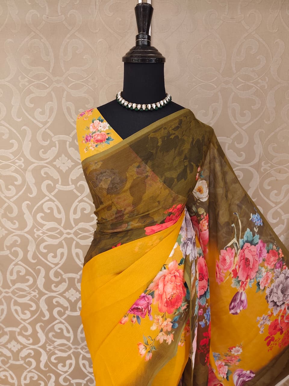 Mustrad Yellow Floral Printed Chiffon Saree, With Unstiched Blouse Piece