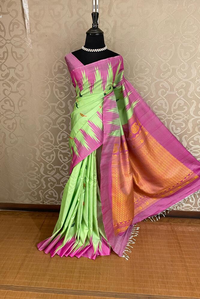 Light Green Gadwal Silk Sarees With Unstiched Blouse