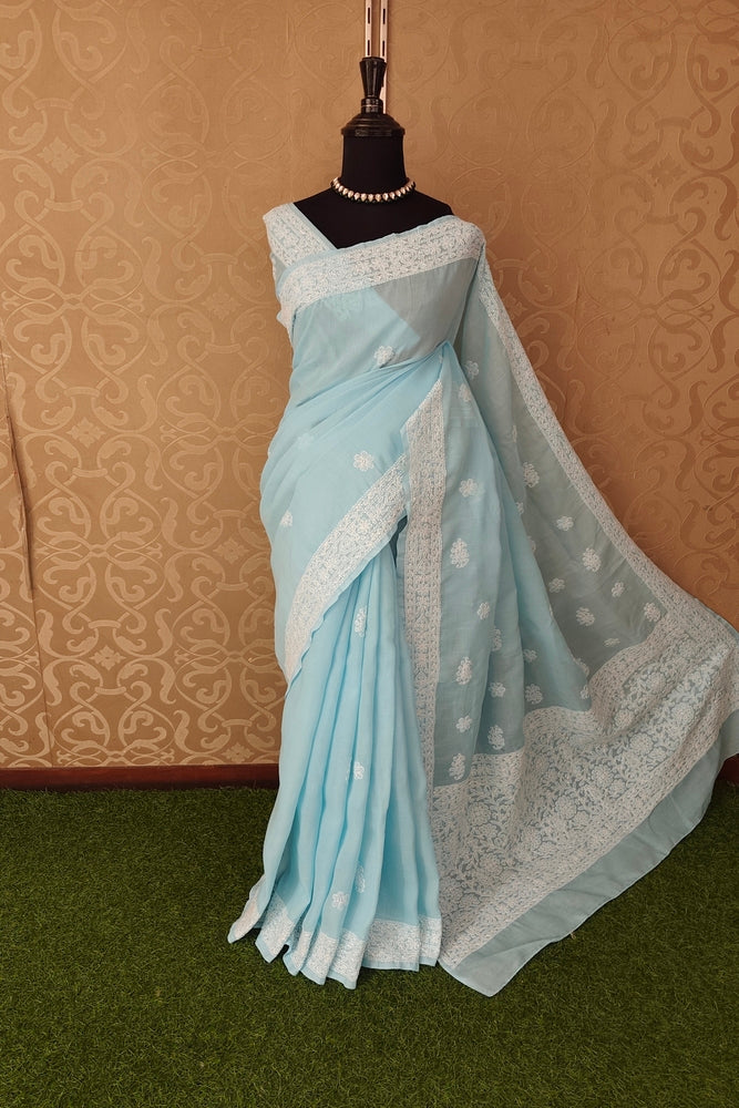 Sky Cotton Saree With Chikankari Embroidery, Unstitched Blouse