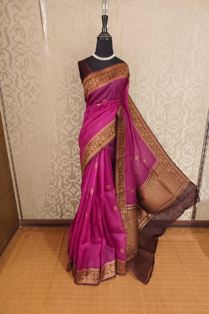 Rani Pink Kora Banarasi Silk Saree, With Unstiched Blouse