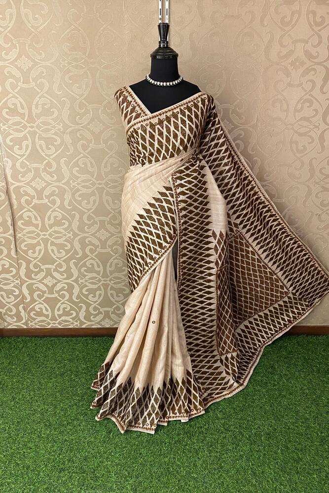 Off-White Tussar Embroidery Saree With Kathiawari Work Border, With Unstitched Blouse