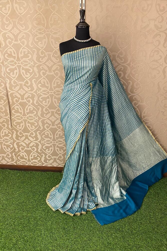 Blue Zari Stripe Munga Borderless Saree, With Unstiched Blouse