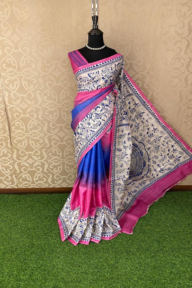 Pink & Blue Tussar Embroidery Saree With Kantha Work Border, With Unstitched Blouse