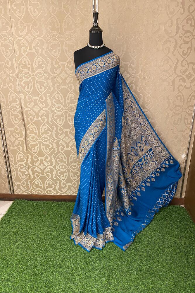 Royal Blue Crepe Khaddi Banarasi Silk Saree With Unstiched Blouse