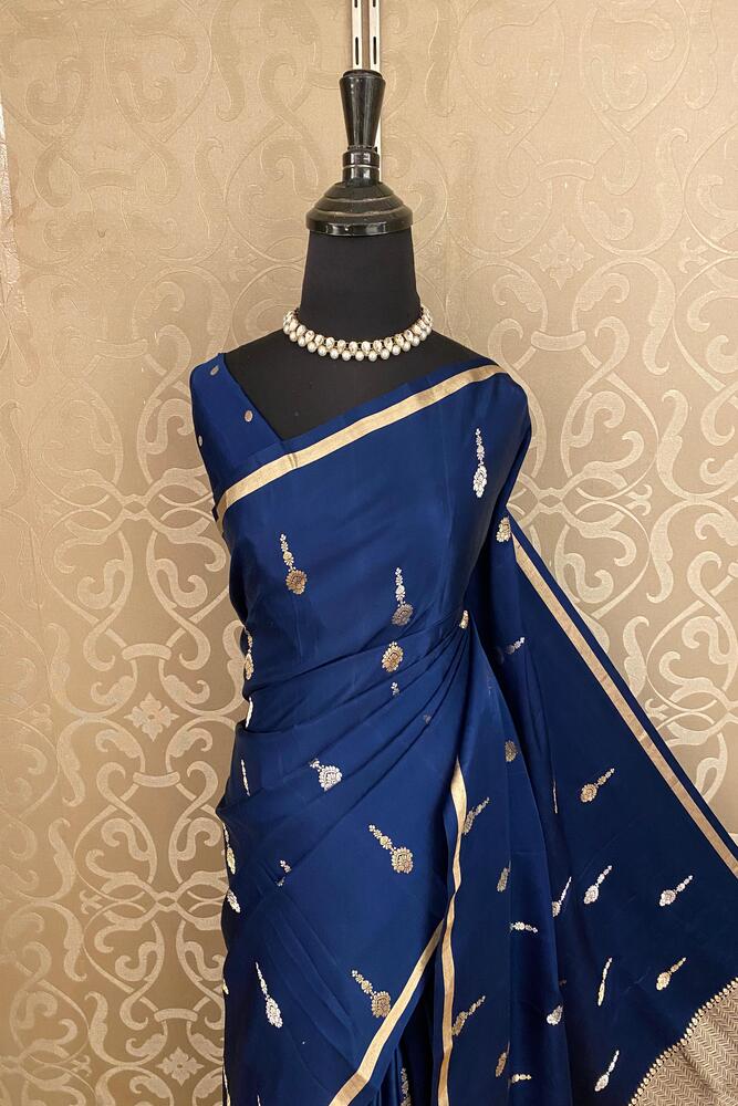 Deep Blue Mashru Silk Banarasi Handloom Saree, With Unstiched Blouse