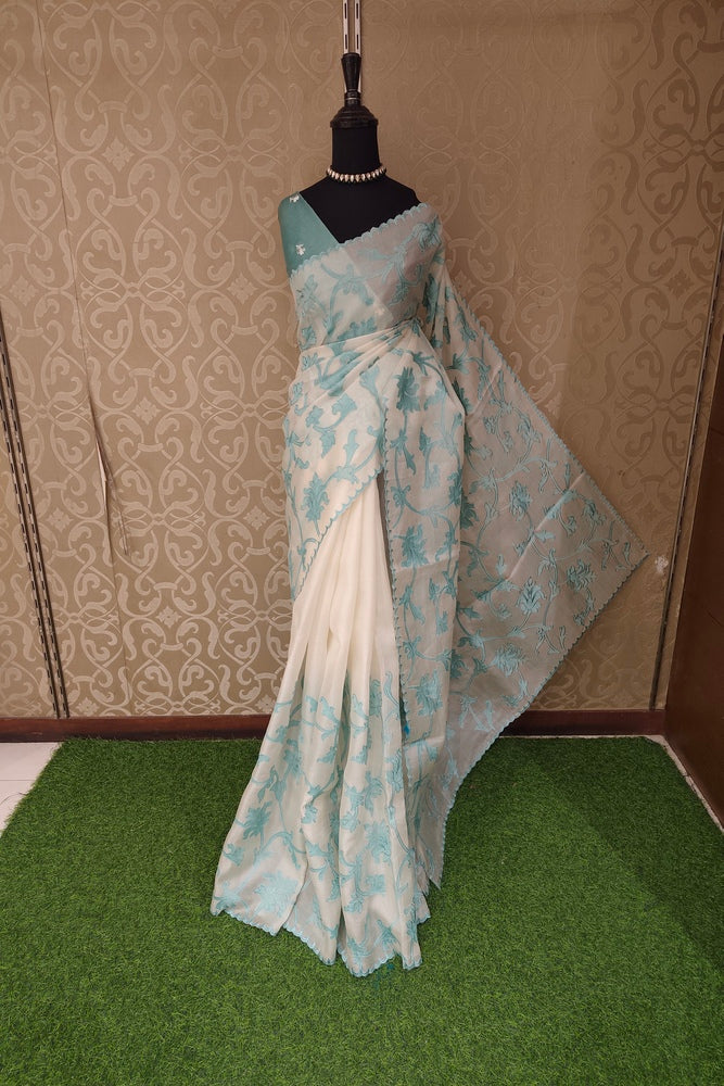 Off-White & Blue Organza Saree With Appliqué Work, With One Unstitched Blouse