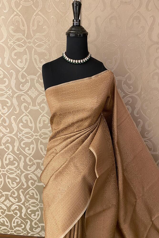 Beige Brocade Kora Banarasi Silk Saree, With Unstiched Blouse