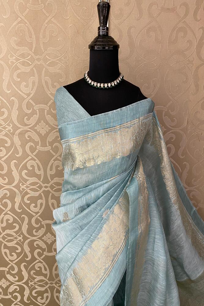 Sky Pure Linen Saree, With Unstiched Blouse