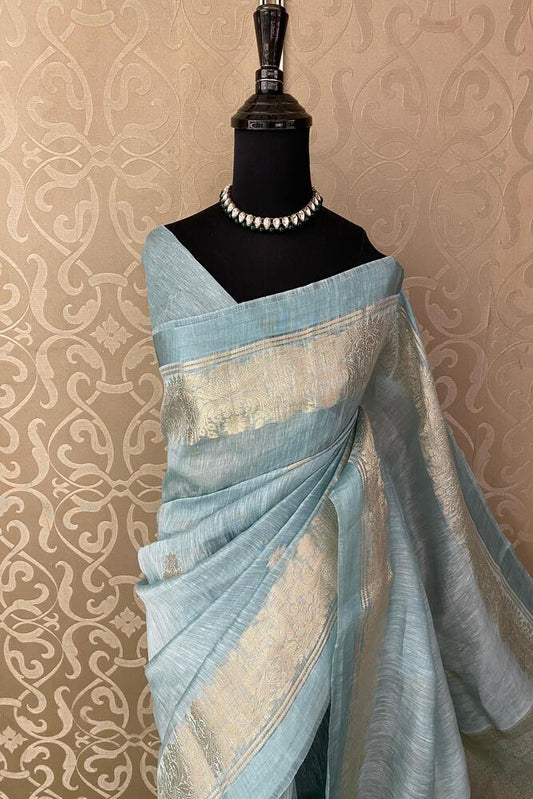 Sky Pure Linen Saree, With Unstiched Blouse