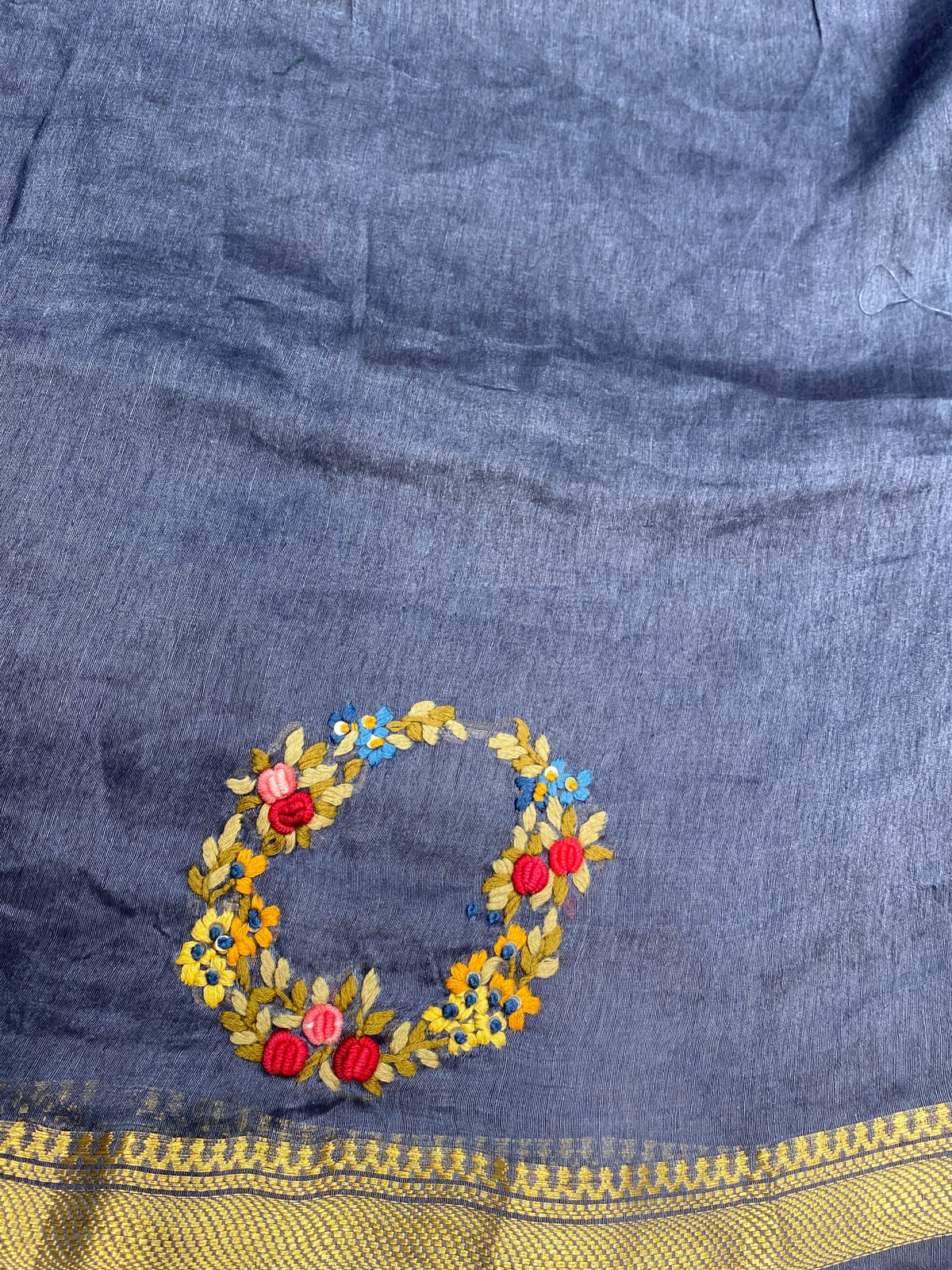 Navy Blue Linen Silk Saree Hand Embroidered Work, With Unstiched Blouse