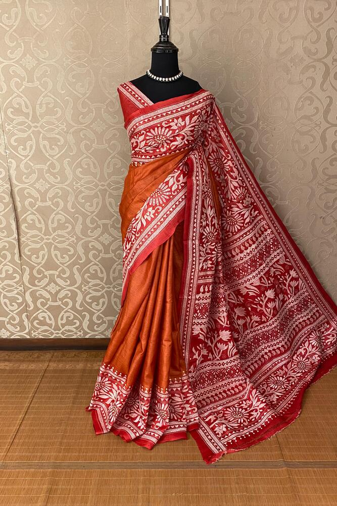 Copper Tussar Embroidery Saree With Kantha Work Border, With Unstitched Blouse
