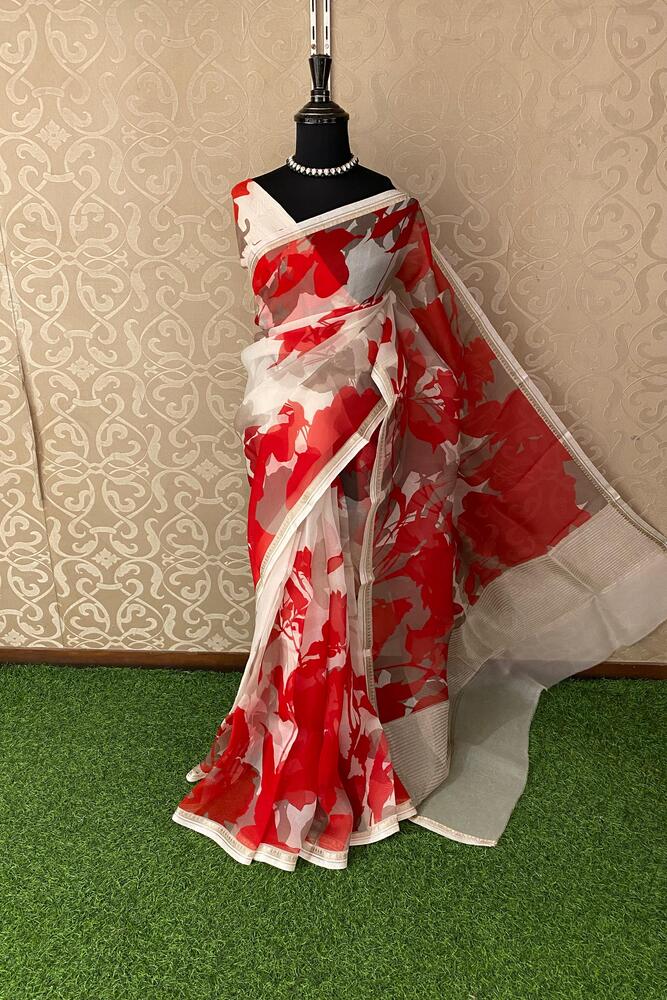 White & Red Floral Printed Organza Saree, With Unstiched Blouse
