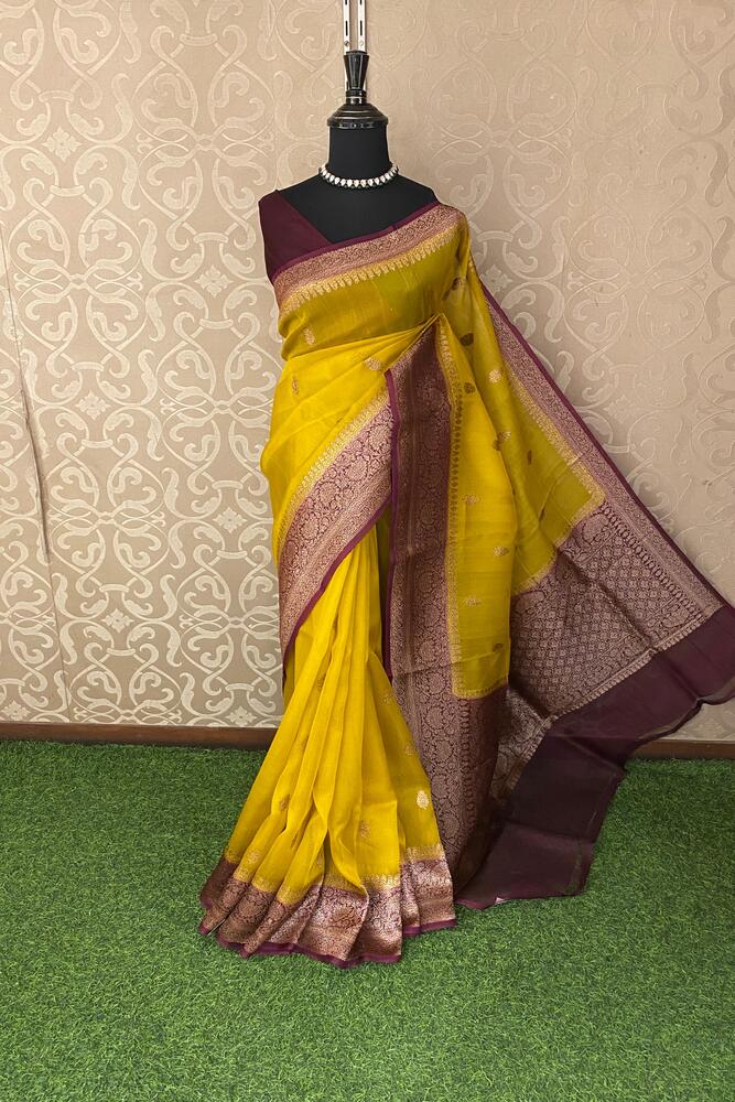 Yellow Kora Banarasi Silk Saree, With Unstiched Blouse