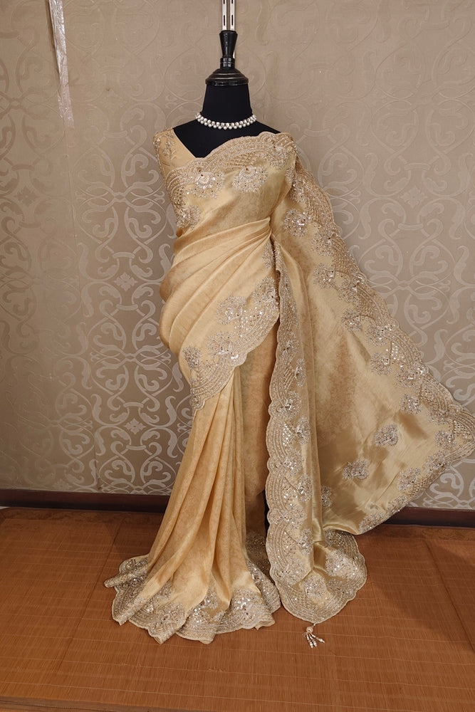 Golden Beige Tissue Kanjeevaram Silk Sarees With Embroidery Work, With Unstiched Blouse