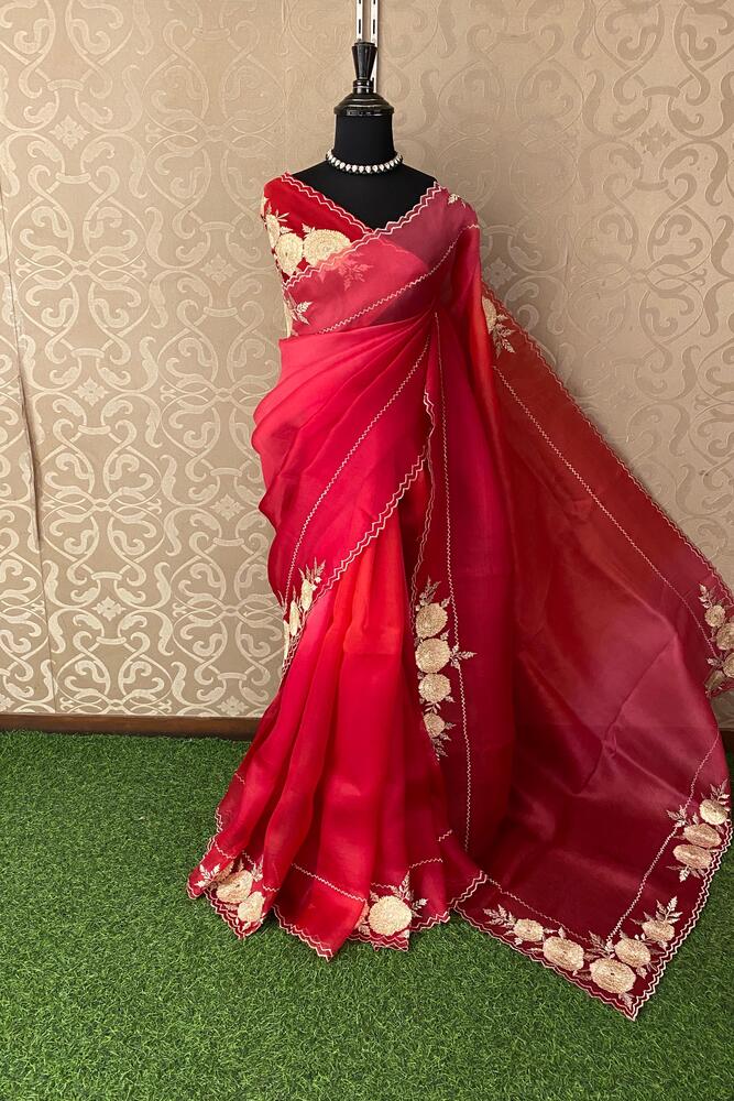 Magenta, Red & Pink Organza Silk Saree, With Unstiched Blouse