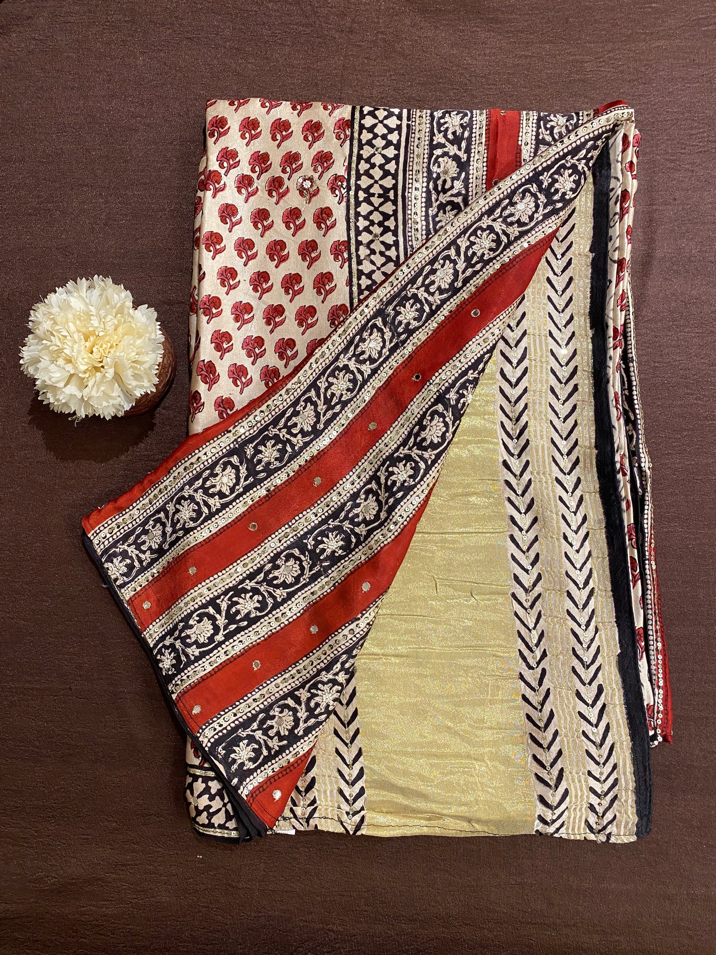 Off-White Pure Modal Silk Ajrakh Printed Saree With Unstiched Blouse