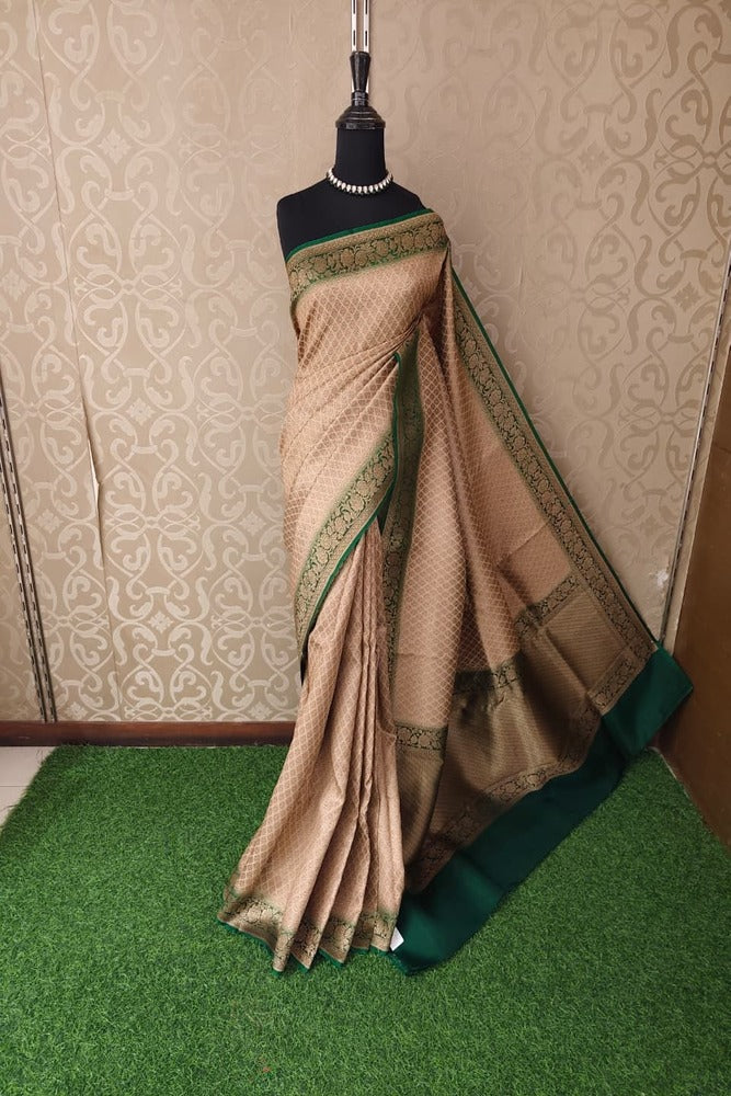 Beige Brocade Kora Banarasi Silk Saree, With Unstiched Blouse