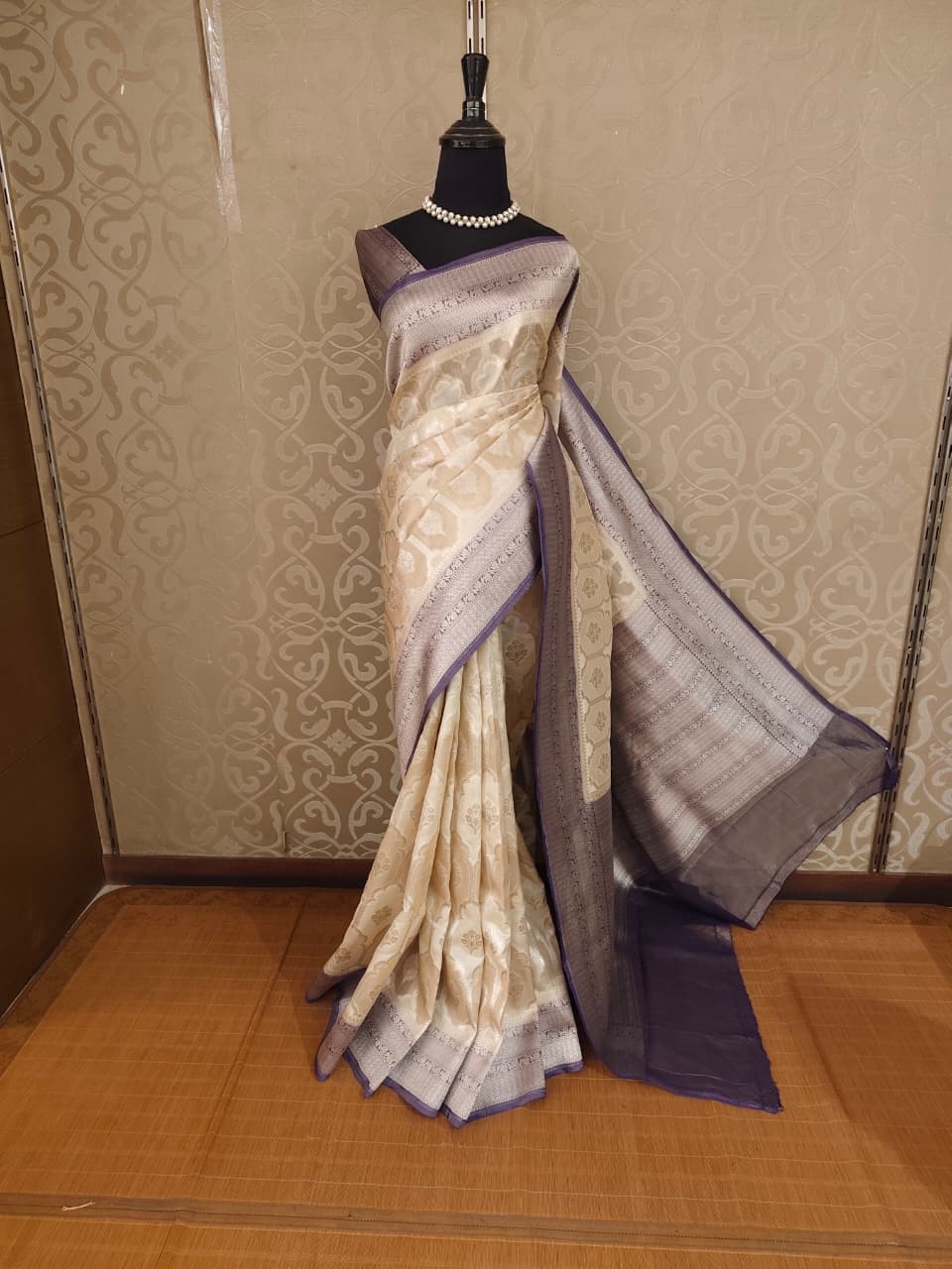 Off-White Tissue Banarasi Silk Saree, With Unstiched Blouse