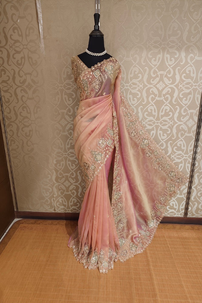 Golden Peach Soft Tissue Organza Silk Embroidery Saree, With Unstiched Blouse