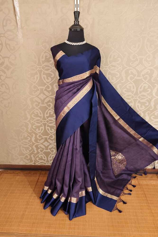 Purple and navy blue tussar Banarasi silk saree with handwoven motifs and unstiched blouse, traditional wear from Saarang Sarees.