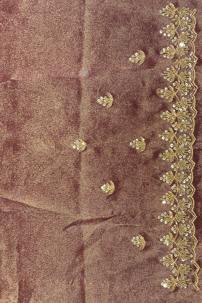 Brown Tissue Embroidery Saree, With Unstiched Blouse