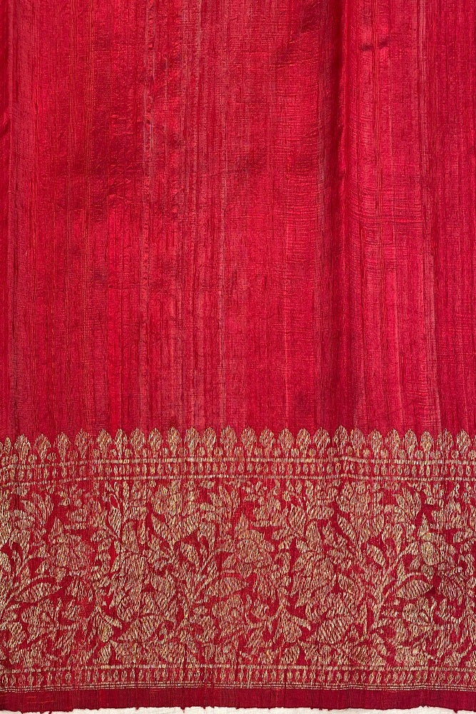 Wine Pure Raw Tussar Banarasi Silk Saree, Hand Woven Motifs With Unstiched Blouse