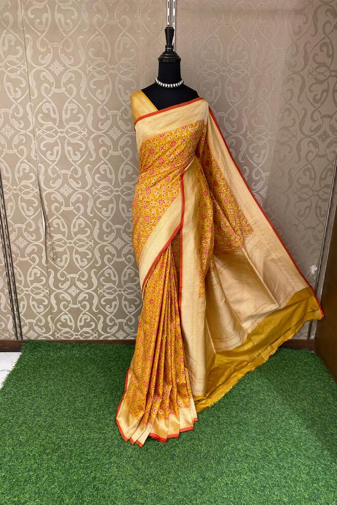 Mustard Yellow & Multi Banarasi Silk Saree With Patola Concept, With Unstiched Blouse