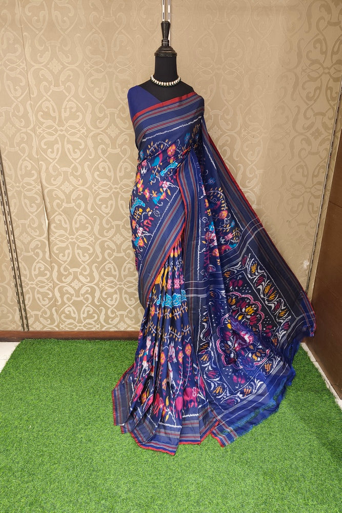 Navy Blue Pochampally Ikat Silk Saree, With Unstiched Blouse