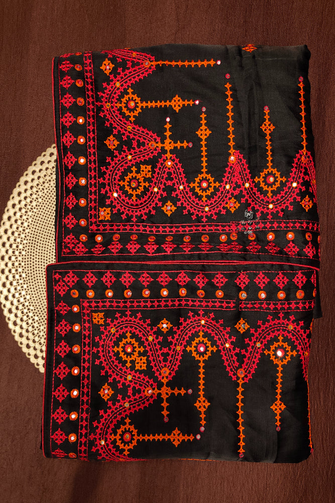 Black Semi Munga Silk Cross Stitch Work Saree, With Unstiched Blouse