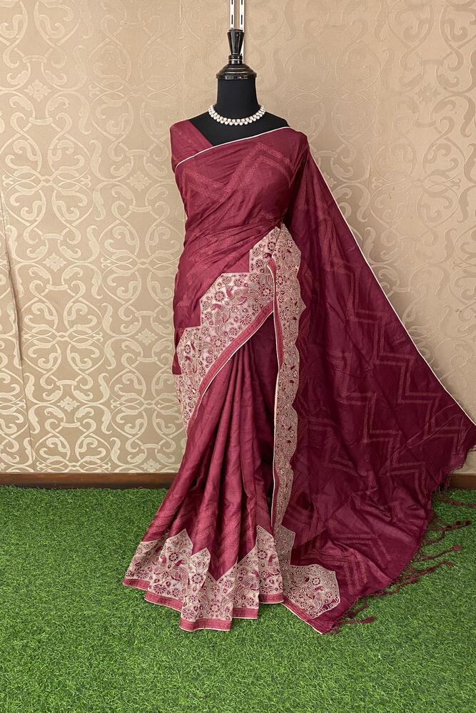 Wine Tussar Saree With Organza Applique Work, With Unstiched Blouse