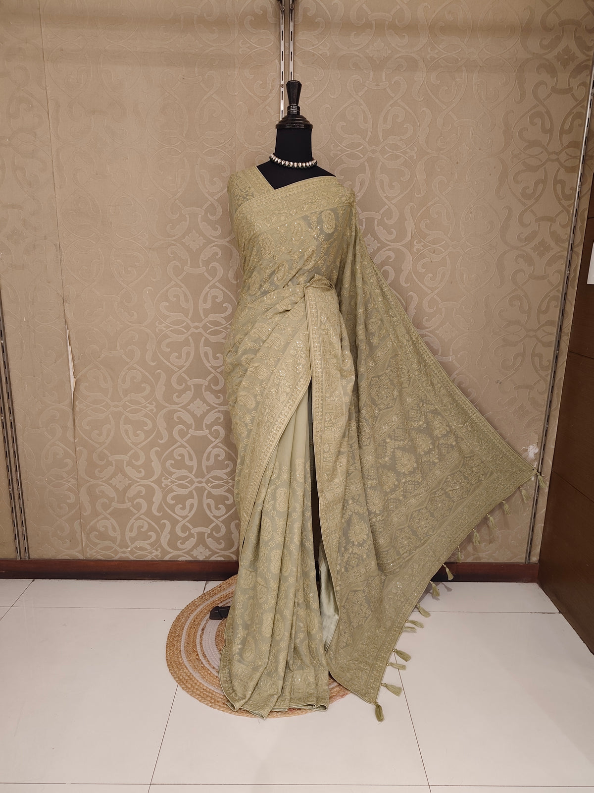 Light Olive Green Georgette Chikankari Embroidery Saree, With Unstitched Blouse