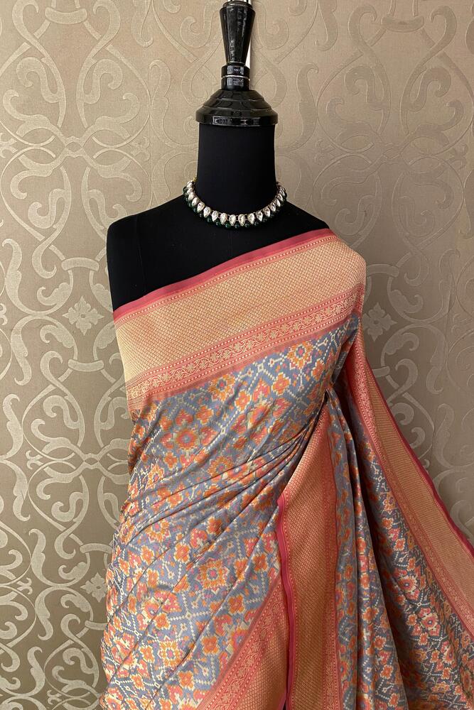 Pink Banarasi Patola Silk Saree, With Unstiched Blouse