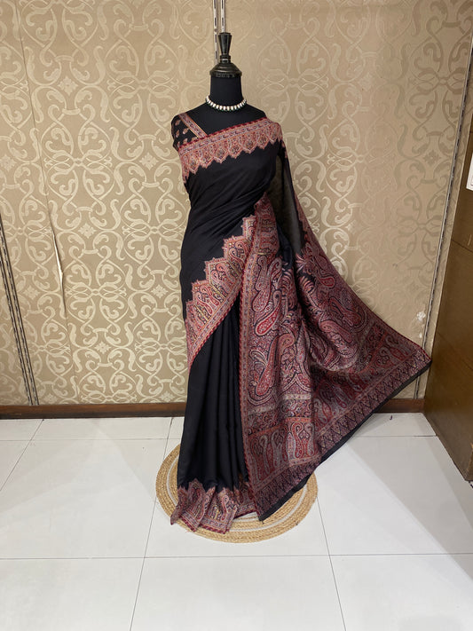 Black Pure Kani Handloom Silk Saree With Unstiched Jamewar Woven Blouse