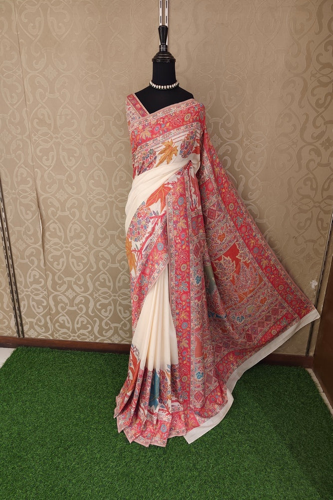 Off-White Pure Kani Handloom Silk Saree With Floral Woven Blouse